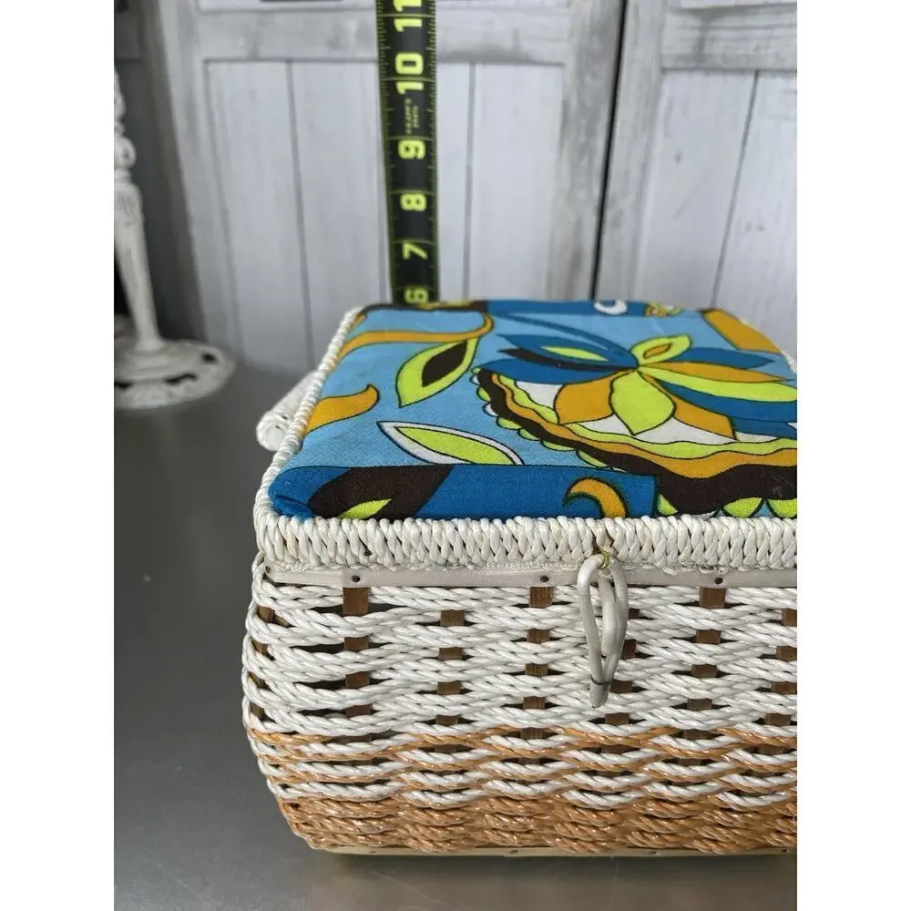Vintage 70s Sewing Basket Retro Square Woven Blue Green Floral Psychedelic Japan